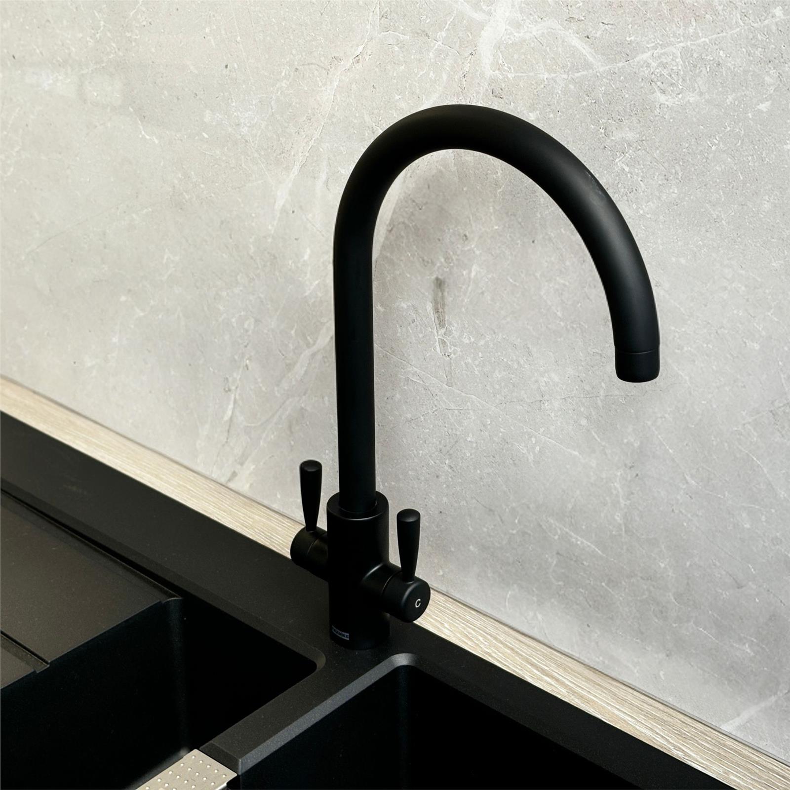 Franke Ascona Swan Neck Swivel Spout Mono Mixer Twin Lever Black Kitchen Tap